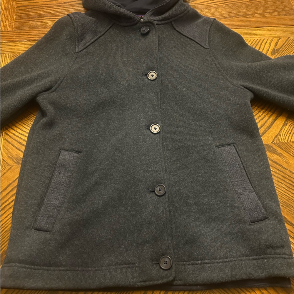 Patagonia Jacket Women Small Better Sweater Coat Button Up Navy Fleece Long Hood